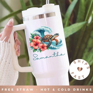 Personalized Sea Turtle Cup, Turtle Lover Gift Idea, Custom Sea Turtle 40oz VacationTumbler with Handle, Beach Theme Bachelorette Party Gift