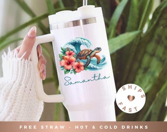 Personalized Sea Turtle Cup, Turtle Lover Gift Idea, Custom Sea Turtle 40oz VacationTumbler with Handle, Beach Theme Bachelorette Party Gift