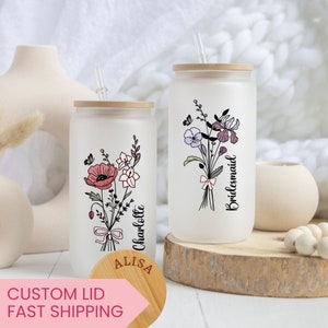 Personalized Birth Flower Iced Coffee Cup, Custom Birth Flower Glass Tumbler, Birthflower Gifts, Bridesmaid Proposal Gift, Bridal Party