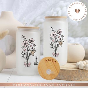 Personalized Birth Flower Tumbler, Gifts for Her, Mother&#39;s Day Gift, Bridesmaid Proposal Gift, Graduation Gift, Custom Glass Coffee Cup