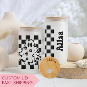Personalized Halloween Ghost Glass Tumbler, Cute Ghost Coffee Cup, Cute Fall Tumbler, Spooky Season Iced Coffee Glass, Gift For Halloween