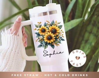 Personalized Sunflower Tumbler, Sunflower Gifts For Women, Sunflower Lover Gifts, Sunflower Cup, Sunflower Tumbler With Handle Lid And Straw