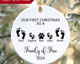 First Christmas As A Family Of Five Footprints Personalized Name Ornament, Personalized Baby's First Christmas Ornament, Pet First Christmas