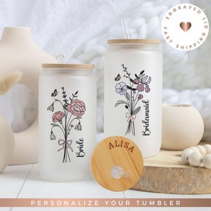 Personalized Iced Coffee Cup Floral Retro, Custom Can Glass with Lid and Straw, Bridesmaid Gift, Bachelorette Glass Cup, Bridesmaid Proposal