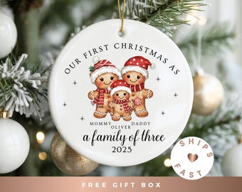First Christmas as Family of Three Ornament Personalized Keepsake for New Mom and Dad 2025, New Parent Gift Mommy & Daddy Ornament