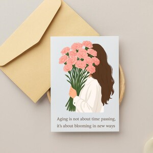 Frau mit Blumen Geburtstagskarte - Inspirierender Spruch, motivierend, ästhetisch, minimalistisch, digitaler Download