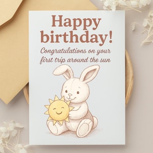 Bunny Birthday Card Digital, 1st Birthday Sun Card, Boy and Girl Design, Instant Download, Printable Card