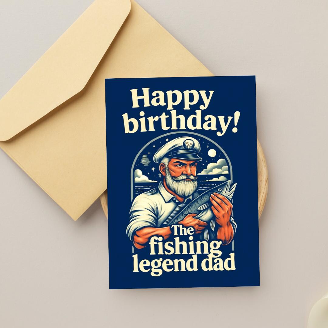 Funny Fishing Dad Birthday Card - Nautical Ocean Theme, Digital ...