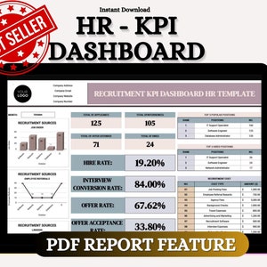 HR kpi Dashboard Excel Template with Auto PDF Report Creator | BestSeller | 24x7 support | HR Tool | kpi Tool | Recruitment Cost Tracker