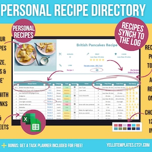 Recipe Organizer Spreadsheet | Excel & Google Sheets Recipe Directory | Recipe Template | Digital Recipe Book for Excel and Google Sheets