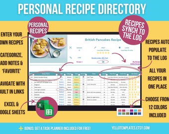 Recipe Organizer Spreadsheet: Excel & Google Sheets Template (Digital)