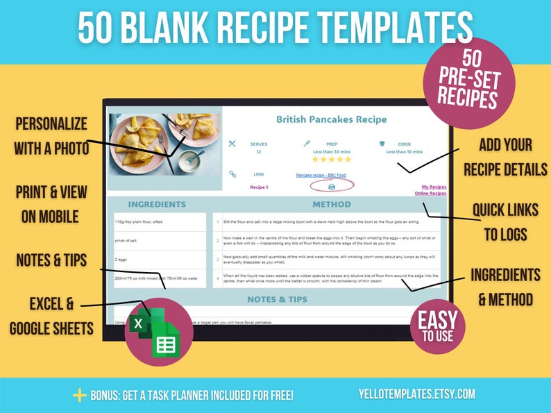 Recipe Task Manager Recipe Organizer Spreadsheet: Excel & Google Sheets Template (digital ...
