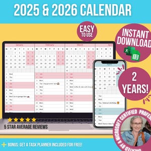 Kalendarz Excel na lata 2025 i 2026 oraz Kalendarz miesięczny Google Sheets 2025 i 2026 Prosty roczny planer Edytowalny szablon Excel i Google Sheets