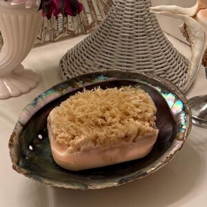 May include: A bathroom vanity scene featuring a decorative mirror, a white woven towel rack, and a seashell. A pink soap and natural sponge rest in an abalone shell. A vase holds pink, green, and burgundy flowers.