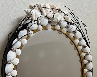 Black Coral Seashell Embellished Black Gilt Trim Oval Mirror