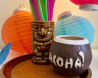 Bandeja redonda de bambú vintage para bar tiki polinesio