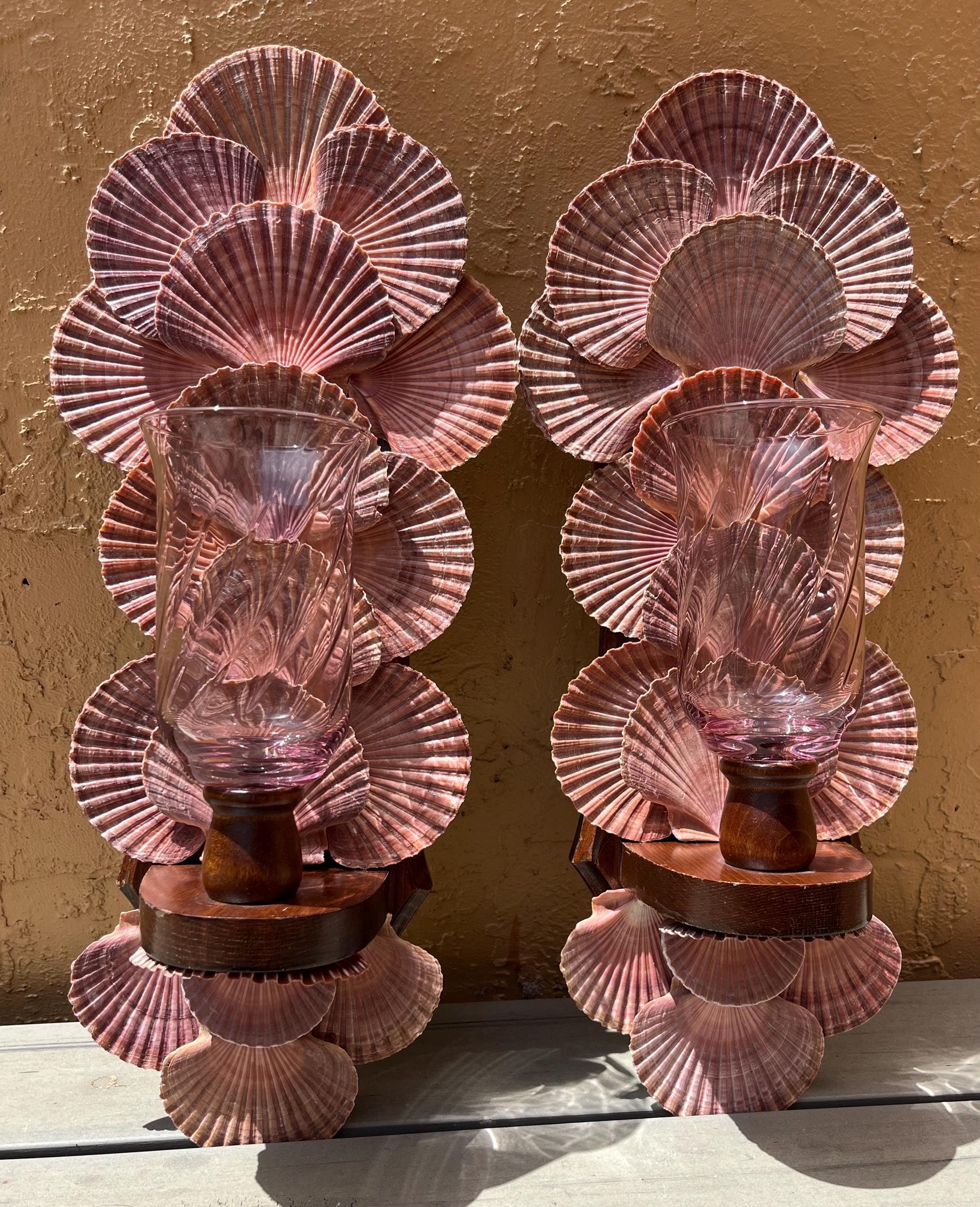 Martinique Mahogany Suntanned Scallop Shell Candle Vintage Wood Sconce Set