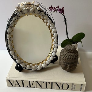 Black Coral Seashell Embellished Black Gilt Trim Oval Mirror