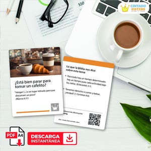 May include: A white laptop, a cup of coffee, and two cards are on a white desk. One card has a coffee cup, croissant, and text in Spanish. The other card has text in Spanish. The image also includes a PDF icon and the words "DESCARGA INSTANTÁNEA."