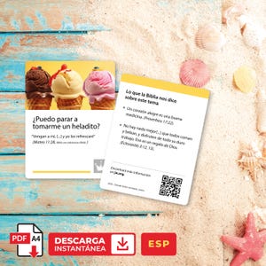 Puede incluir: Dos tarjetas con helados y texto en español. Una tarjeta dice "¿Puedo parar a tomarme un heladito?" y la otra tiene texto sobre la Biblia. El fondo es una escena de playa con conchas marinas.