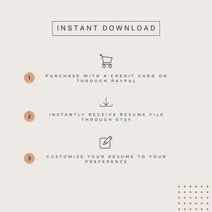 May include: A diagram with three steps for purchasing and downloading a resume template. Step 1: Purchase with a credit card or through PayPal. Step 2: Instantly receive resume file through Etsy. Step 3: Customize your resume to your preference.