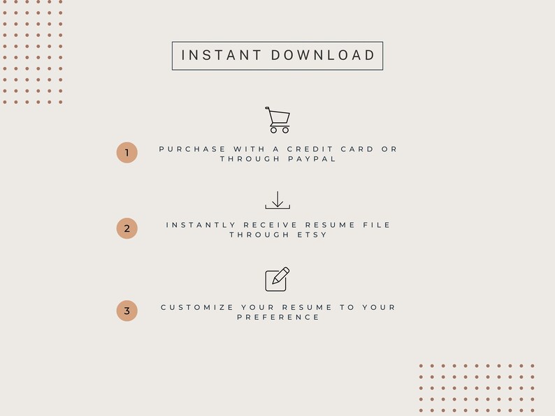 May include: A diagram with three steps for purchasing and downloading a resume template. Step 1: Purchase with a credit card or through PayPal. Step 2: Instantly receive resume file through Etsy. Step 3: Customize your resume to your preference.