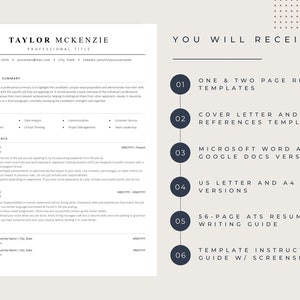 May include: A resume template with a modern design. The template includes a professional summary, skills, work experience, and education sections. The template is available in Microsoft Word and Google Docs formats. You will also receive a cover letter and references template, a 56-page ATS resume writing guide, and a template instructional guide with screenshots.