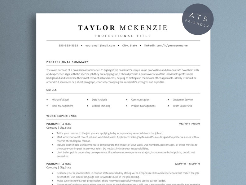 May include: A black and white resume template with the title "TAYLOR MCKENZIE" and the text "PROFESSIONAL TITLE" at the top. The resume includes sections for "PROFESSIONAL SUMMARY", "SKILLS", and "WORK EXPERIENCE".