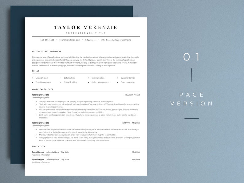 May include: A black and white resume template with the name Taylor McKenzie at the top. The resume includes sections for professional summary, skills, work experience, and education.