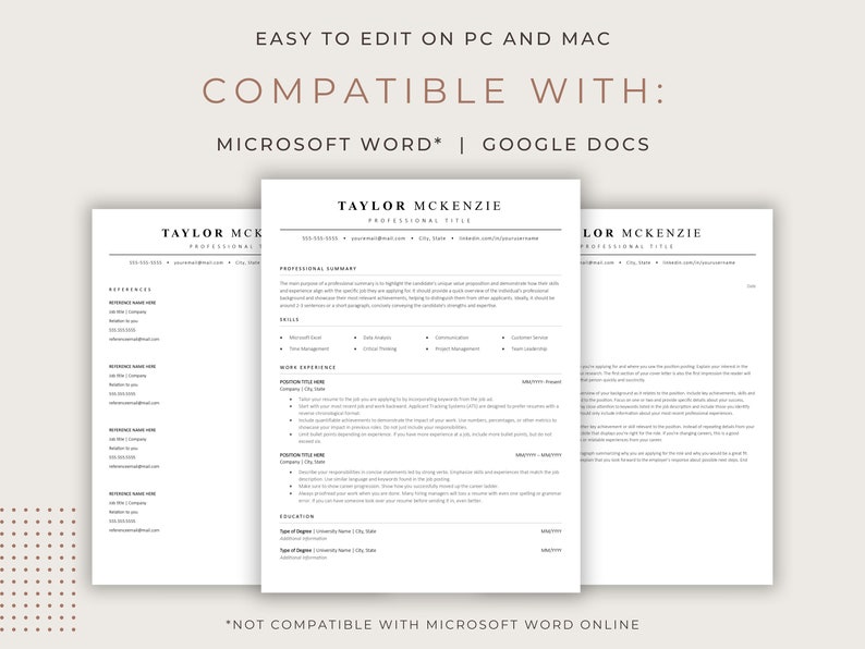 May include: A black and white resume template with the text "TAYLOR MCKENZIE" at the top. The template is compatible with Microsoft Word and Google Docs, but not with Microsoft Word Online.