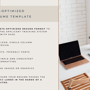 May include: A white brick wall background with a laptop, a notebook, glasses, and a potted plant on a white desk. The text on the screen reads "ATS-OPTIMIZED RESUME TEMPLATE". The text below the image reads "100% ATS-OPTIMIZED RESUME FORMAT TO PASS THE APPLICANT TRACKING SYSTEM (ATS) WITH EASE."