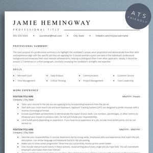 May include: A black and white resume template with the title "Jamie Hemingway" and the text "ATS Friendly" in the upper right corner. The resume includes sections for professional title, professional summary, skills, and work experience.