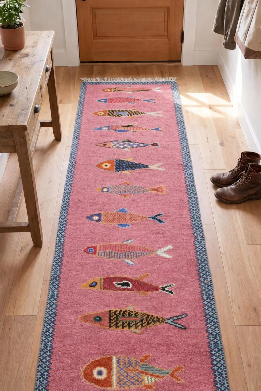 Kilim Fish Rug Handwoven Wool Kilim Rug, Pink Koi Fish Boho Runner, Coastal Farmhouse ...