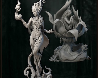 May include: A gray, detailed, 3D printed sculpture of a female figure with leafy vines and a flower growing from her head. She is holding a small orb in her hand. The sculpture is set on a base of twisting vines and flowers. The sculpture is part of a set, and the other sculpture is a female figure sitting inside a large flower.
