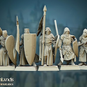 May include: A collection of miniature medieval knights, each with unique armor, shields, and weaponry. Some figures hold flags and spears, while others carry swords. The figures are on individual bases, and the logo "highlands miniatures" is visible.