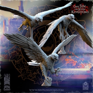 Könnte beinhalten: Drei detaillierte, weiße Adlerfiguren mit ausgebreiteten Flügeln werden vor einem dunklen Hintergrund mit einem kreisförmigen Design gezeigt. Die Adler haben komplizierte Federdetails und sind im Flug dargestellt. Der Text "One Sin for Seven Kingdoms" ist sichtbar.