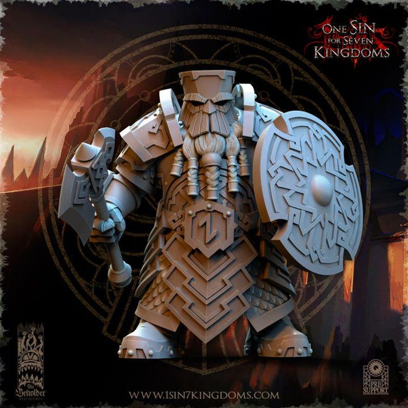 May include: A detailed, gray miniature figure of a dwarf warrior, holding a hammer and shield. The shield features a Celtic knot design. The figure is heavily armored with intricate geometric patterns. The text "ONE SIN FOR SEVEN KINGDOMS" is visible.
