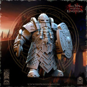 May include: A detailed, gray figurine of a dwarf warrior in full armor, holding a sword and shield. The figurine has a helmet, braided beard, and intricate armor design. The shield features a circular pattern. The text "ONE SIN FOR SEVEN KINGDOMS" is visible.