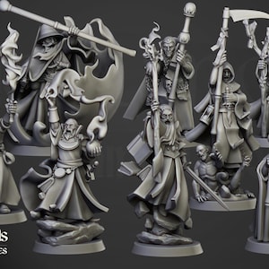 May include: A collection of gray miniature fantasy figures, including wizards and grim reapers, each holding a staff or weapon. The figures are detailed with robes, hats, and other accessories. The logo "highlands miniatures" is at the bottom.
