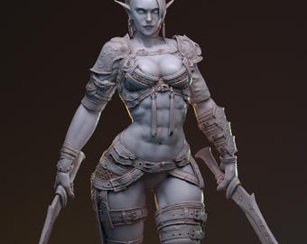 May include: A detailed, gray fantasy figurine of a female warrior with pointed ears, holding two swords. She wears ornate armor with intricate detailing on the shoulders, chest, and legs. The figure has a determined expression and is posed dynamically.