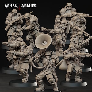 May include: A collection of miniature figurines depicting soldiers in military uniforms, gas masks, and helmets. The figurines are in a neutral color and are holding rifles and other weapons. The text "ASHEN ARMIES" is at the top of the image.
