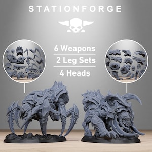 May include: Two gray, detailed miniature monster figures with multiple limbs and sharp claws. The image includes the text "STATIONFORGE" and details: 6 Weapons, 2 Leg Sets, and 4 Heads. The figures are on a dark base.