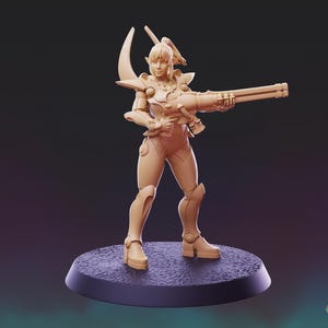 May include: A beige unpainted miniature figurine of a humanoid warrior standing on a circular base. The figure wears segmented armor, has a ponytail, and holds a long, multi-barreled weapon. The text PS MINIATURES appears in the bottom corner.