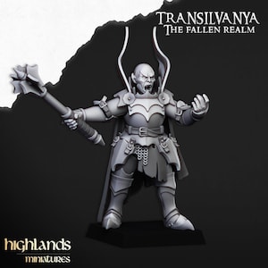 May include: A grey miniature figure of a vampire-like character from "Transilvanya: The Fallen Realm." The figure is clad in armour and holds a mace. The "highlands miniatures" logo is at the bottom.