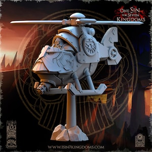May include: A detailed, light grey model helicopter with an unusual, armoured design. The helicopter features a pilot figure, a rotating blade, and a mounted gun. The model is mounted on a stand with a rocky base. The text "ONE SIN FOR SEVEN KINGDOMS" is visible.