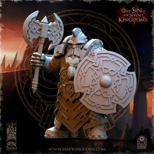 May include: A detailed figurine of a dwarf warrior, holding an axe and shield. The figure is clad in armor with intricate Celtic knotwork designs. The shield has a central boss. The text "ONE SIN FOR SEVEN KINGDOMS" is visible.