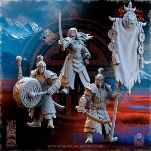 May include: A collection of unpainted miniature figures of warriors in armor, some wielding swords and a banner. One figure holds a large drum-like weapon. The figures are set against a backdrop of mountains and a circular design. The website address "www.isin7kingdoms.com" is visible.