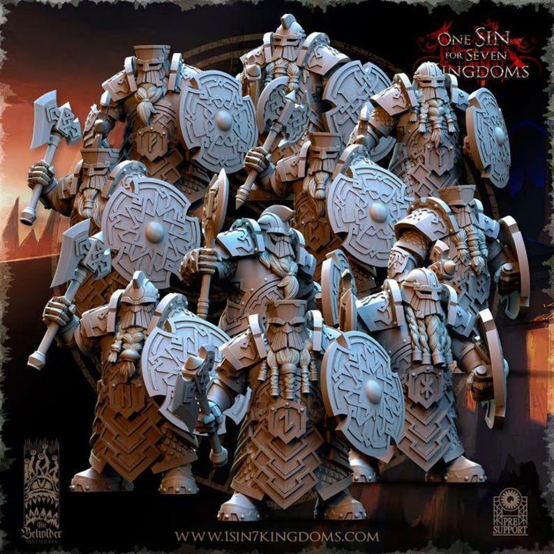 May include: A group of detailed, gray miniature figures of armored warriors, each holding a shield and an axe. The figures have long beards and helmets. The image includes the text "ONE SIN FOR SEVEN KINGDOMS" and "The Beholder".