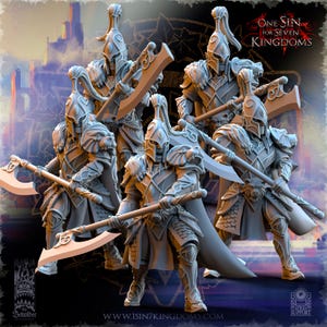 May include: A group of detailed, gray fantasy figurines of armored warriors with helmets and large axes. The figures are posed in various stances, with intricate armor designs and lion-themed shoulder pads. The text "ONE SIN FOR SEVEN KINGDOMS" is visible.