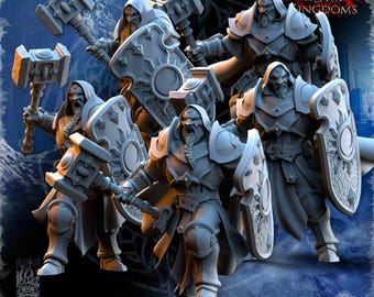 Puede incluir: Un grupo de figuras en miniatura grises y detalladas de guerreros con armadura, cada uno sosteniendo un martillo y un escudo. Las figuras están posadas en una disposición dinámica y orientada a la acción, con un tema de fantasía. La imagen incluye el texto "ONE SIN FOR SEVEN KINGDOMS."